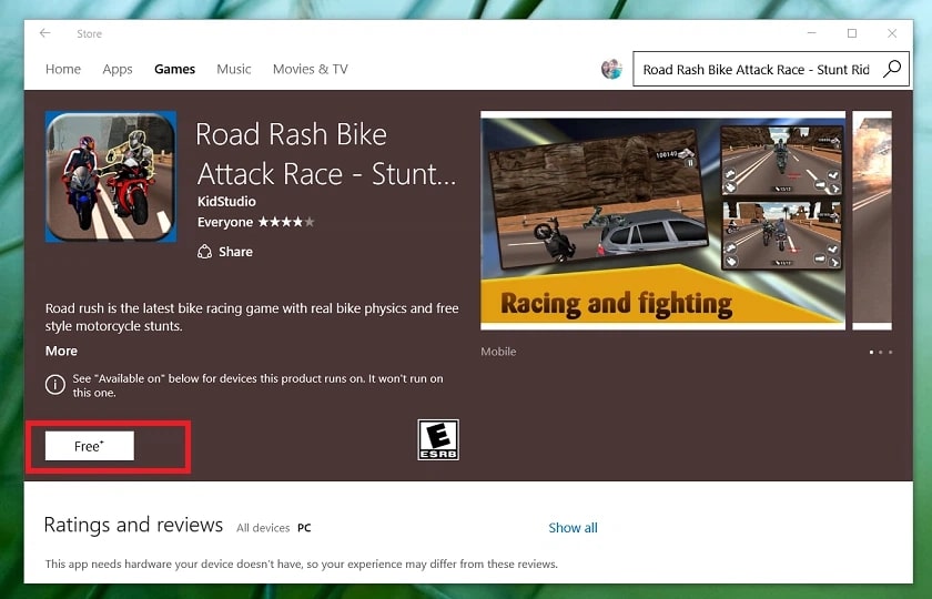 Ấn chọn mục Free để tải trò chơi Road Rash về máy của bạn và thưởng thức nó